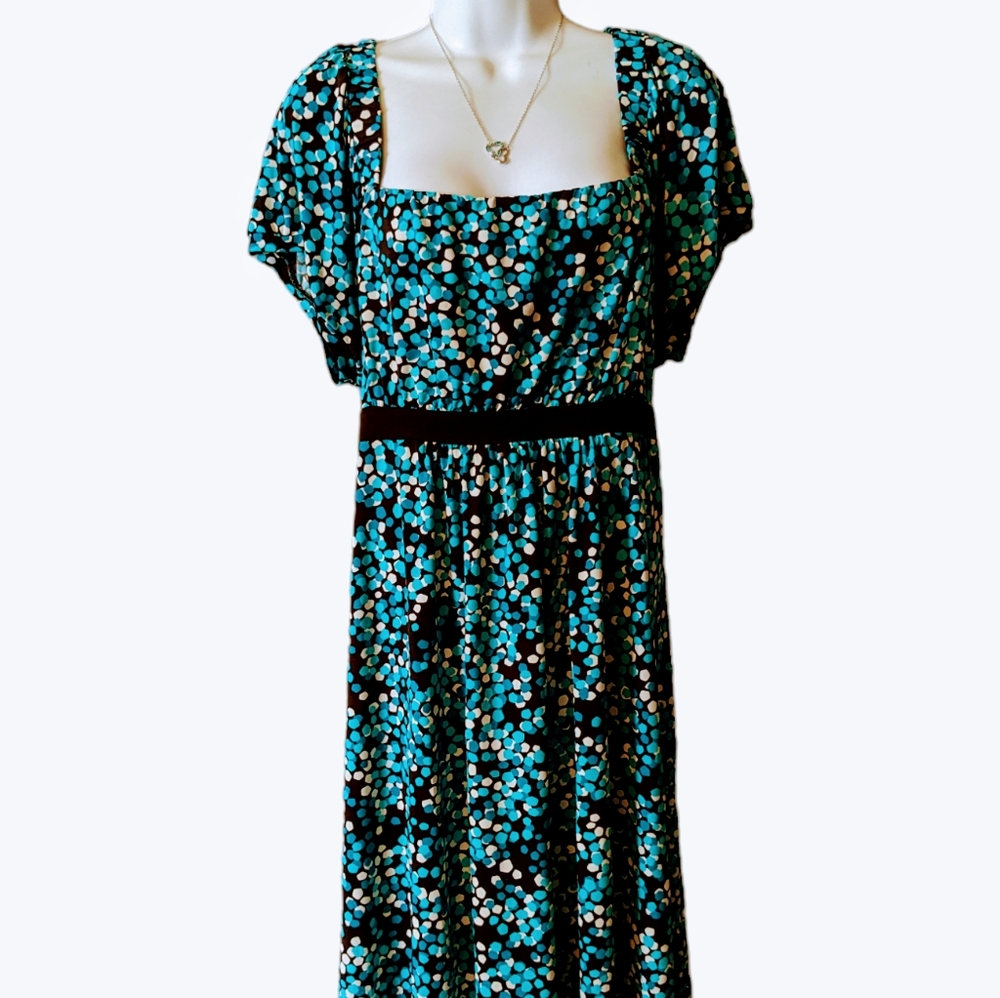 Dress Turquoise Black White Dots Sheath Square Neck Sz. XL - Picture 8 of 11